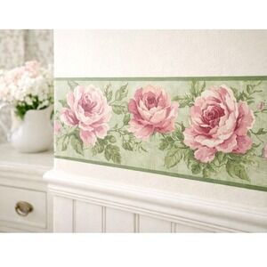 VINTAGE Springmaid Green Antique Rose Decorative‎ Wall Border 15ft Cottagecore